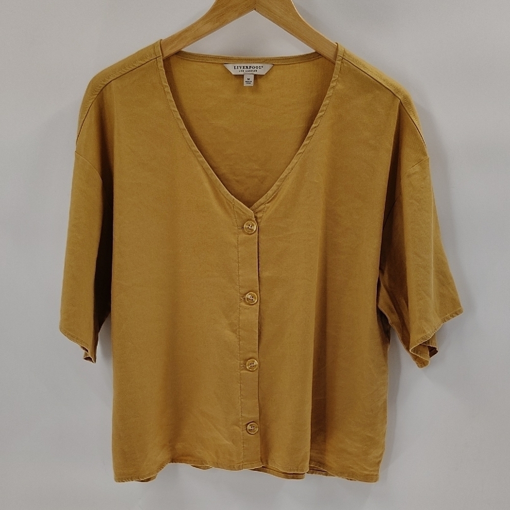Liverpool Button Down Blouse Size Medium Mustard Gold Short Sleeve Boxy Top